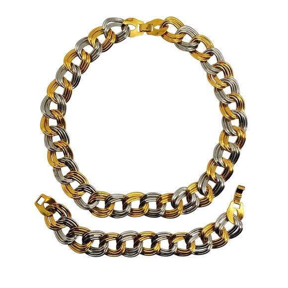 Gold & Silver Tone Necklace Bracelet Set Chunky Chain Polished Mixed Metal Retro - Picture 5 of 9